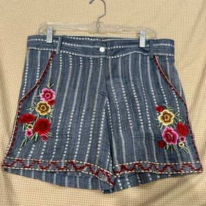 Avani  Blue Striped Shorts with Floral Embroidery
